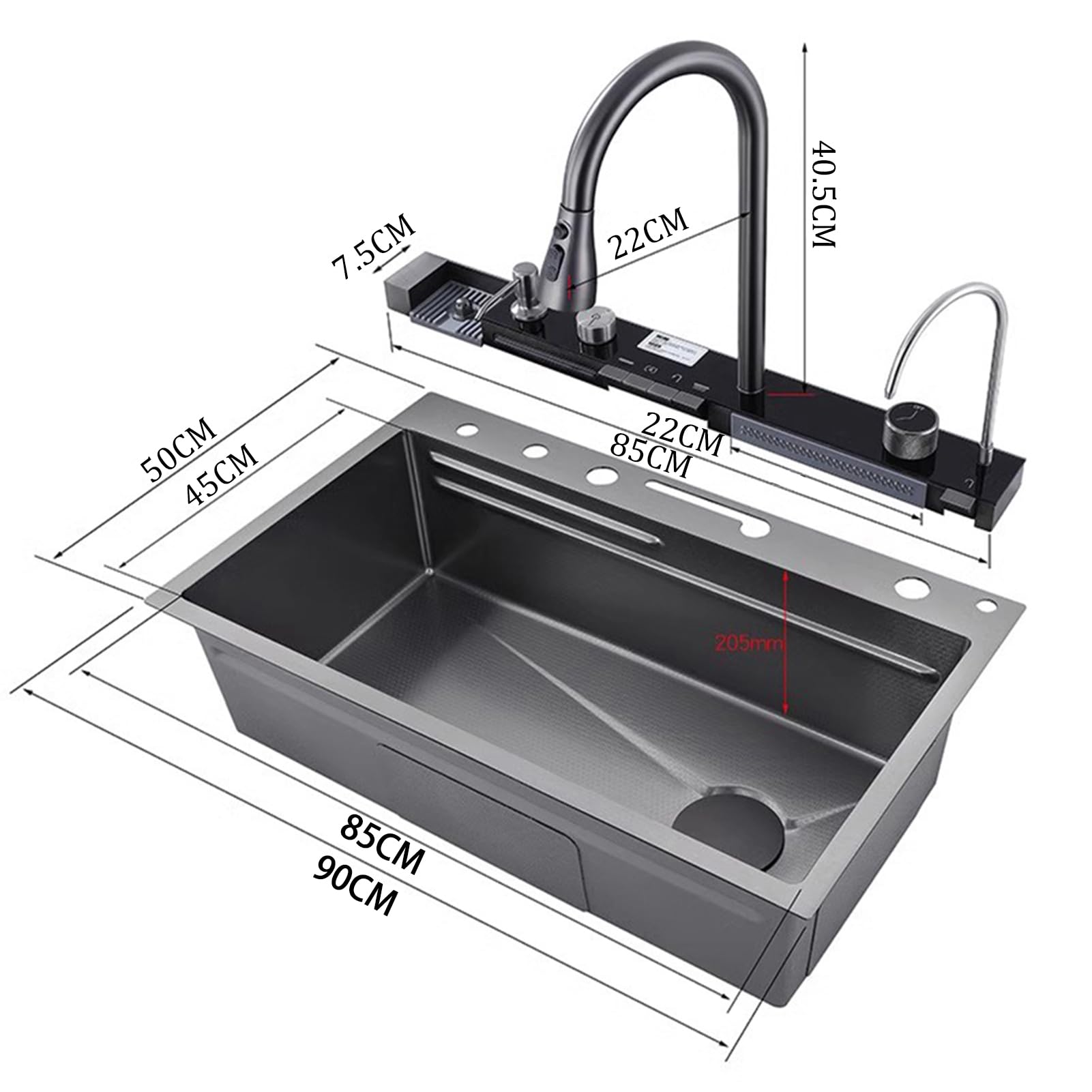 90x50 cm Lavello Cucina 1 Vasca,Lavello Da Cucina A Cascata In Acciaio Inox,Lavandino Cucina Nero Antracite,Lavelli da Cucina Con Rubinetto Estraibile,Sifone,Dispenser Sapone,Lavello Mobile E Tagliere