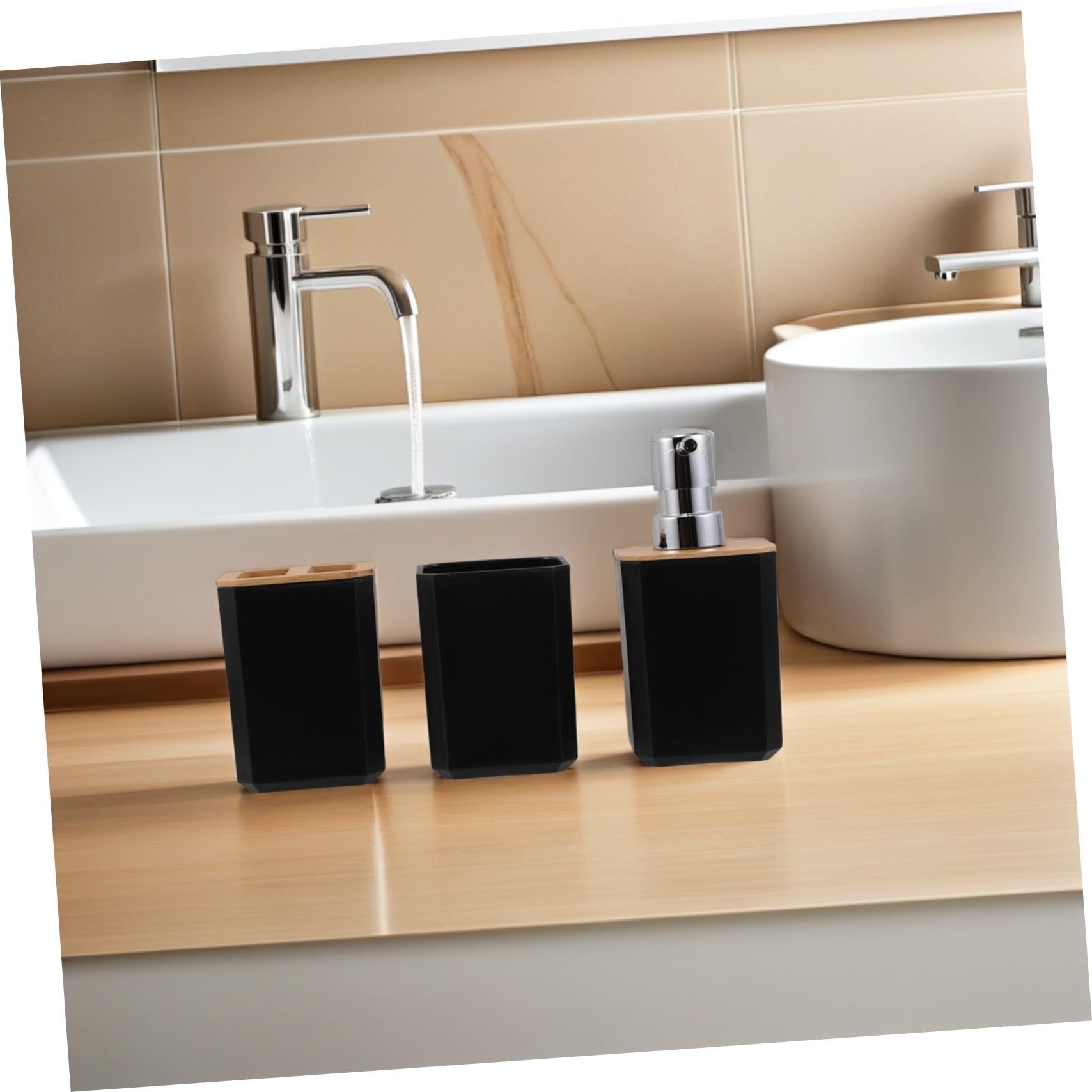 SOIMISS Set de Accesorios de Baño Negro de Bambú y Plástico Dispensador de Jabón y Vaso para Cepillo de Dientes, Fácil Mantenimiento y Organización para Hogar o Hotel
