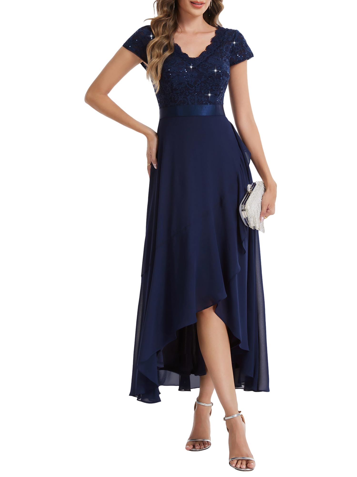 Ever-Pretty Abendkleider Lang Spitzen High Low Cocktailkleid Midi Chiffon Festliche Für Hochzeit EE02644