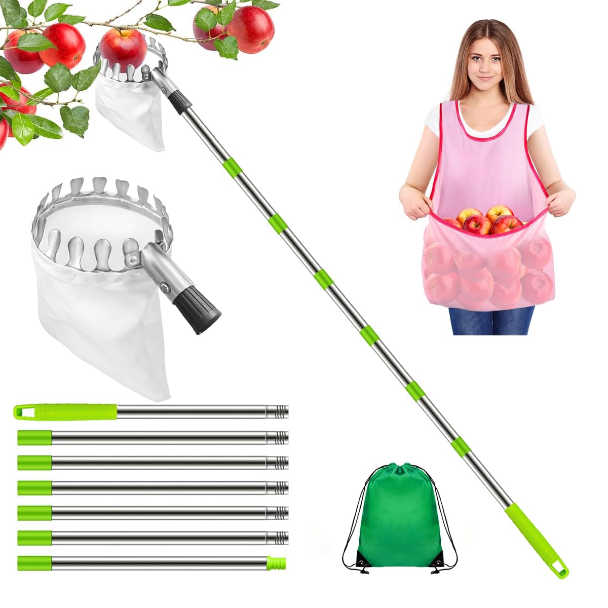 Raccogli Frutta Con Borsa per Grembiule – 2,8 m/9,2 ft Strumento Con Manico Telescopico, Asta Di Collegamento in Acciaio Inox E Sacchetto Di Immagazzinaggio, Picker per Apple Limone Cherry