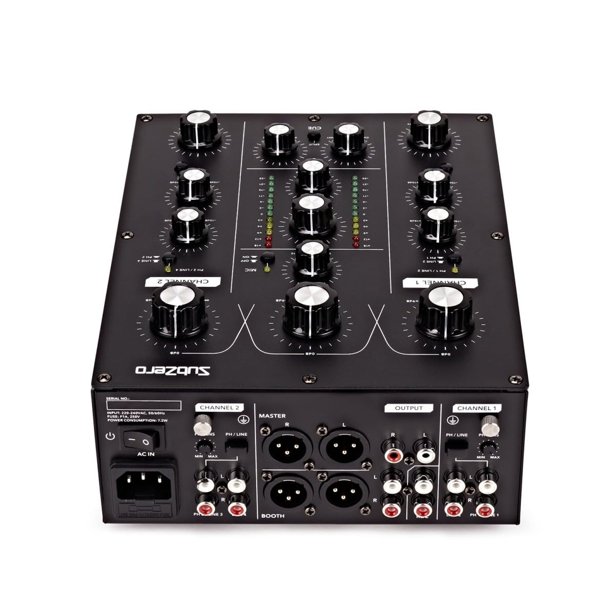 SubZero Mixer DJ rotativo a 2 canali | Per DJ, controlli rotativi per un feeling analogico, EQ 3 bande, monitoraggio cue split, ingresso mic dedicato