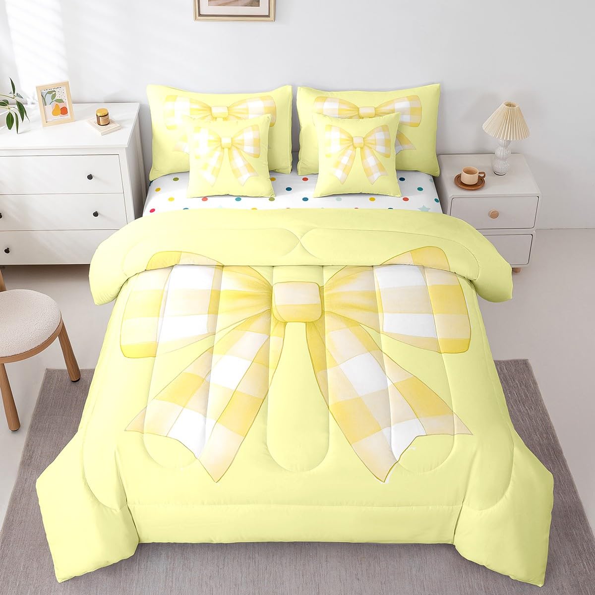 Erosebridal Yellow Watercolor Bow Bed in A Bag Dreamy Princess Bowknot Bedding Set Cute Kawaii Butterfly Knot Full Comforter Set 7 Piece Ribbon Bow Bed Set for Kids Boys Girls Teen Adults