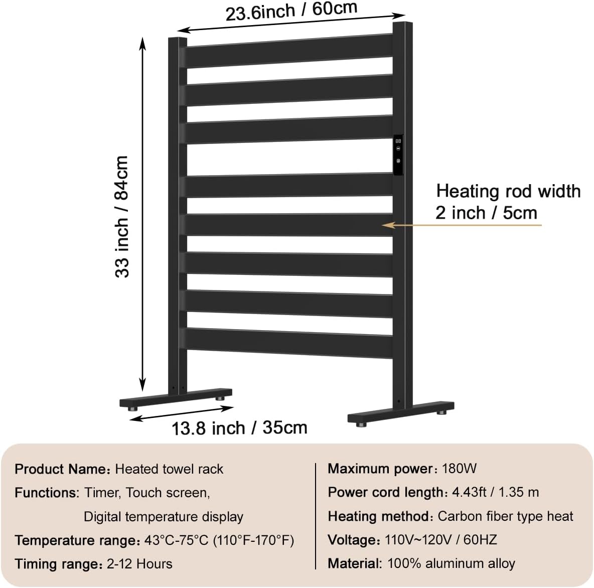 Towel Warmers for Bathroom, Heated Towel Racks, 8-Bar, Upgraded Extra-Wide Heating Area, Built-in Timer and Temperature Adjustment, Large Free-Standing Heated, Black