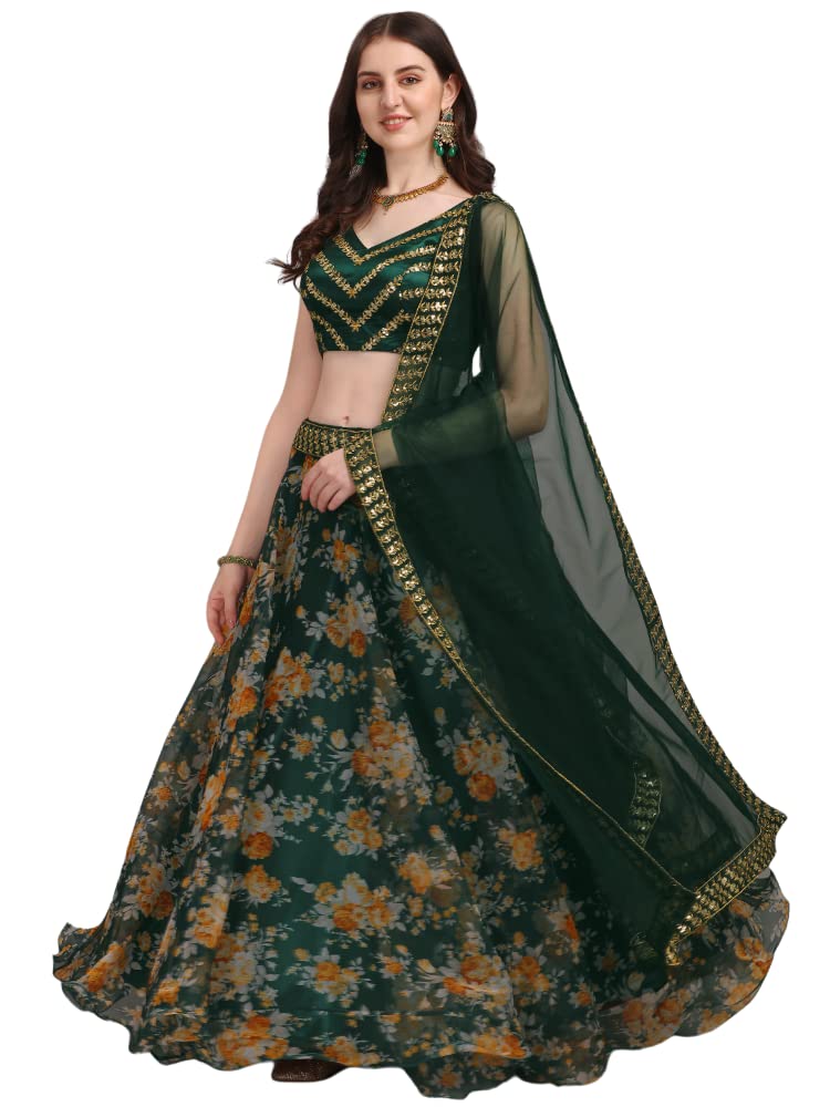 Ethnic Yard Women's Organza Semi-Stitched Lehenga Choli