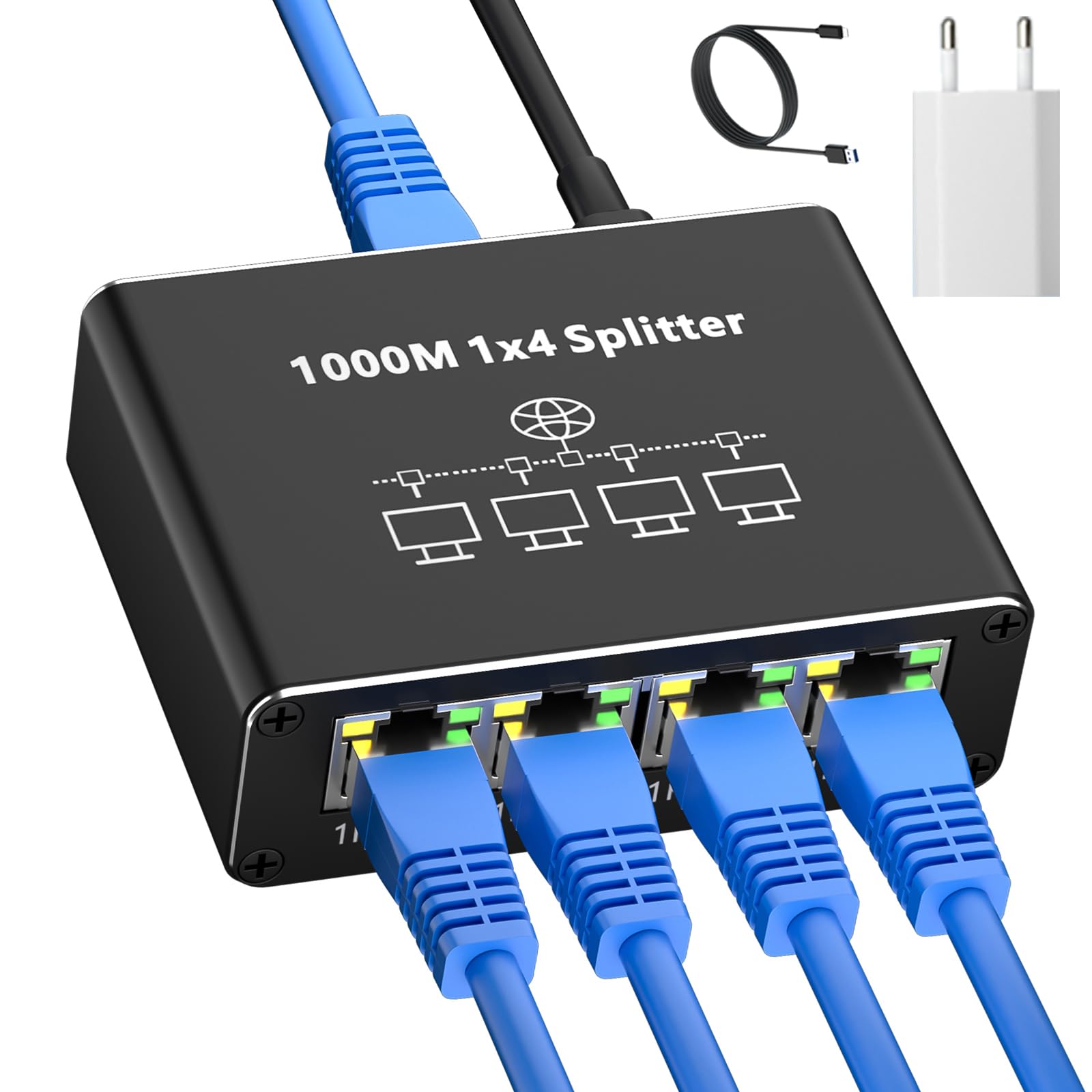 Riteav Scatola A Muro Per 4 Porte Ethernet RJ45 Cat6 – Colori: Nero, Blu, Verde, Bianco – Montaggio Superficiale Senza Utensili - 4