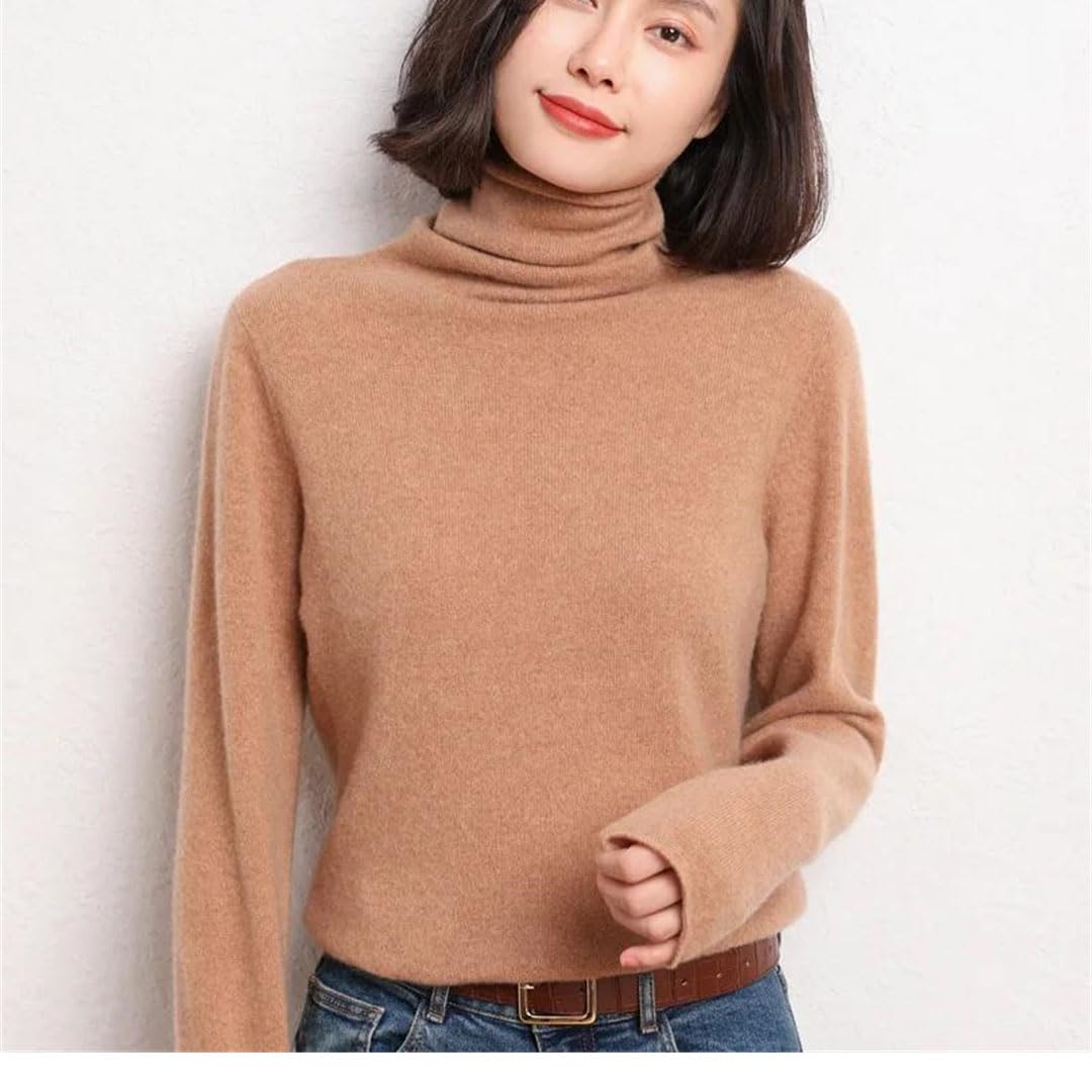 Maglione da donna a collo alto, tinta unita, a maniche lunghe, casual, lavorato a maglia, Beige, XXL