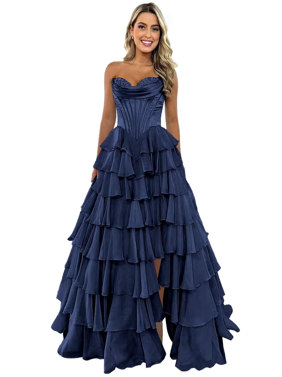 Strapless Corset Prom Dresses for Women 2025 Long Tiered Ruffle Chiffon Satin Formal Evening Gowns with Slit