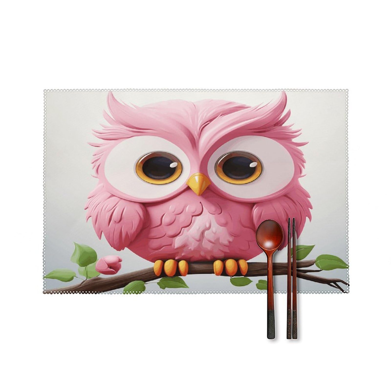 A Pink Owl Placemats Set of 4 Heat Resistant Non-Slip Place Mats Reusable Dining Table Mats Canvas Place Mat Anti-Fading Waterproof Placemats for Dining Table Decor