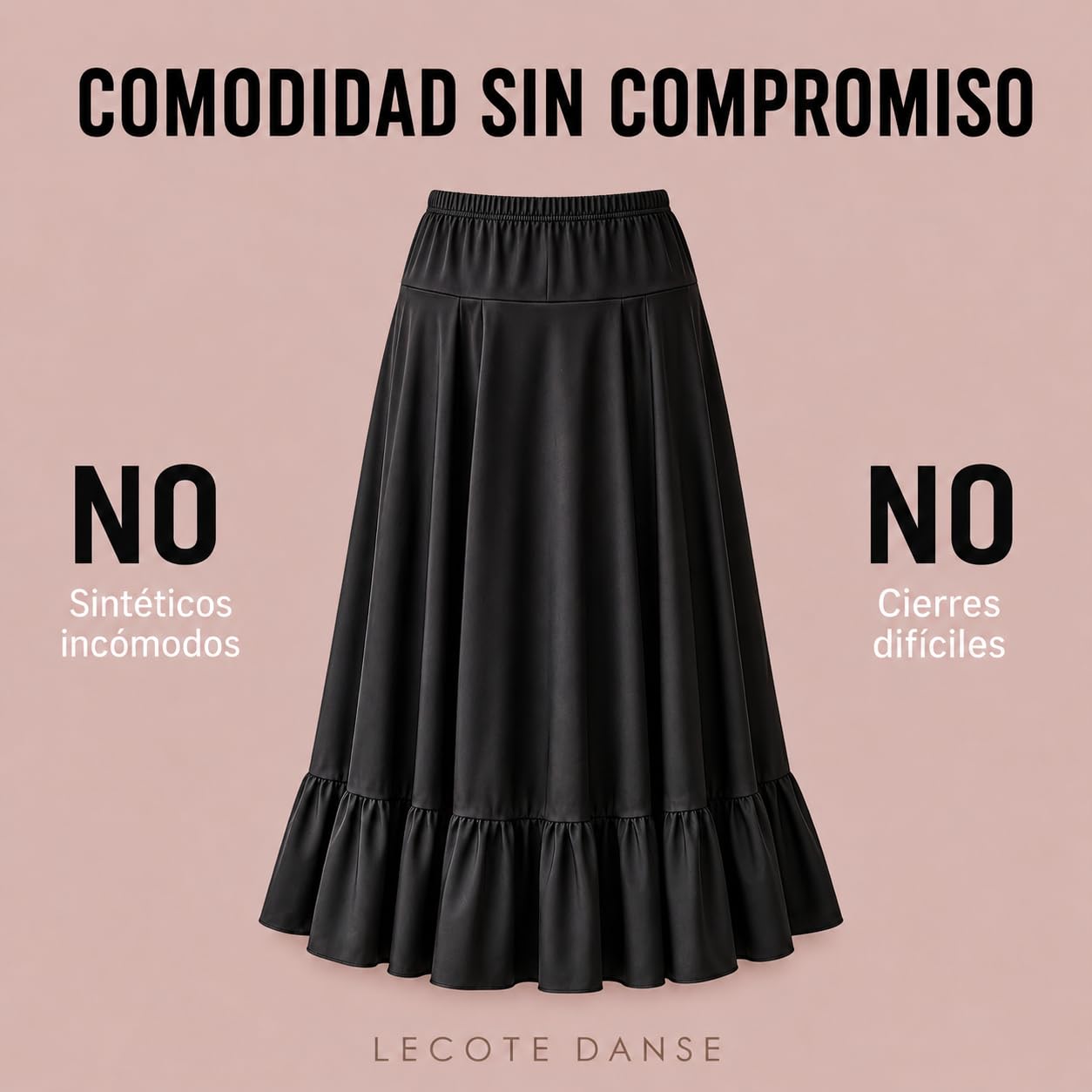 Falda de Flamenco básica Color Negro para niña, Volante Inferior y elástico en la Cintura, Tallas 2 a 12