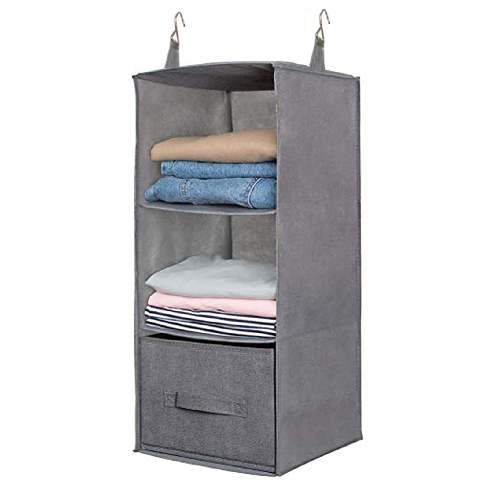 Hängeorganizer Hängeaufbewahrung mit Fächern, Multifunktionale Hängeregal Kleiderschrank Organizer Aufbewahrung mit 2 Metallhaken (Gelb,3 Ebenen mit 1 Schubladen)