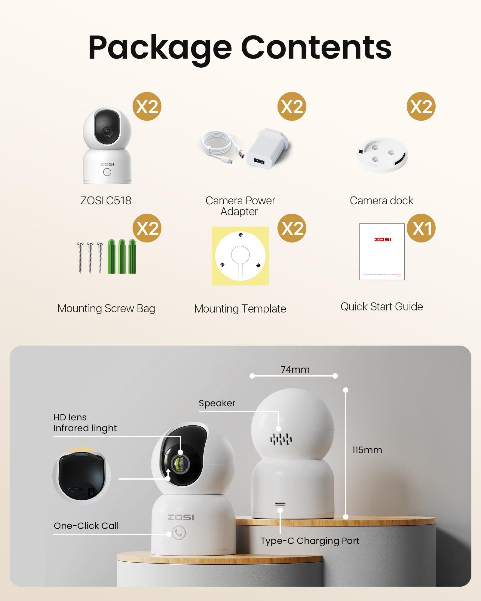 ZOSI 2K Cámara de Vigilancia WiFi Interior para Domicilio, 2pcs Cámara PT 2,4G/5G WiFi, Seguimiento de Movimiento Humano, Audio Bidireccional, Llamada Rápida