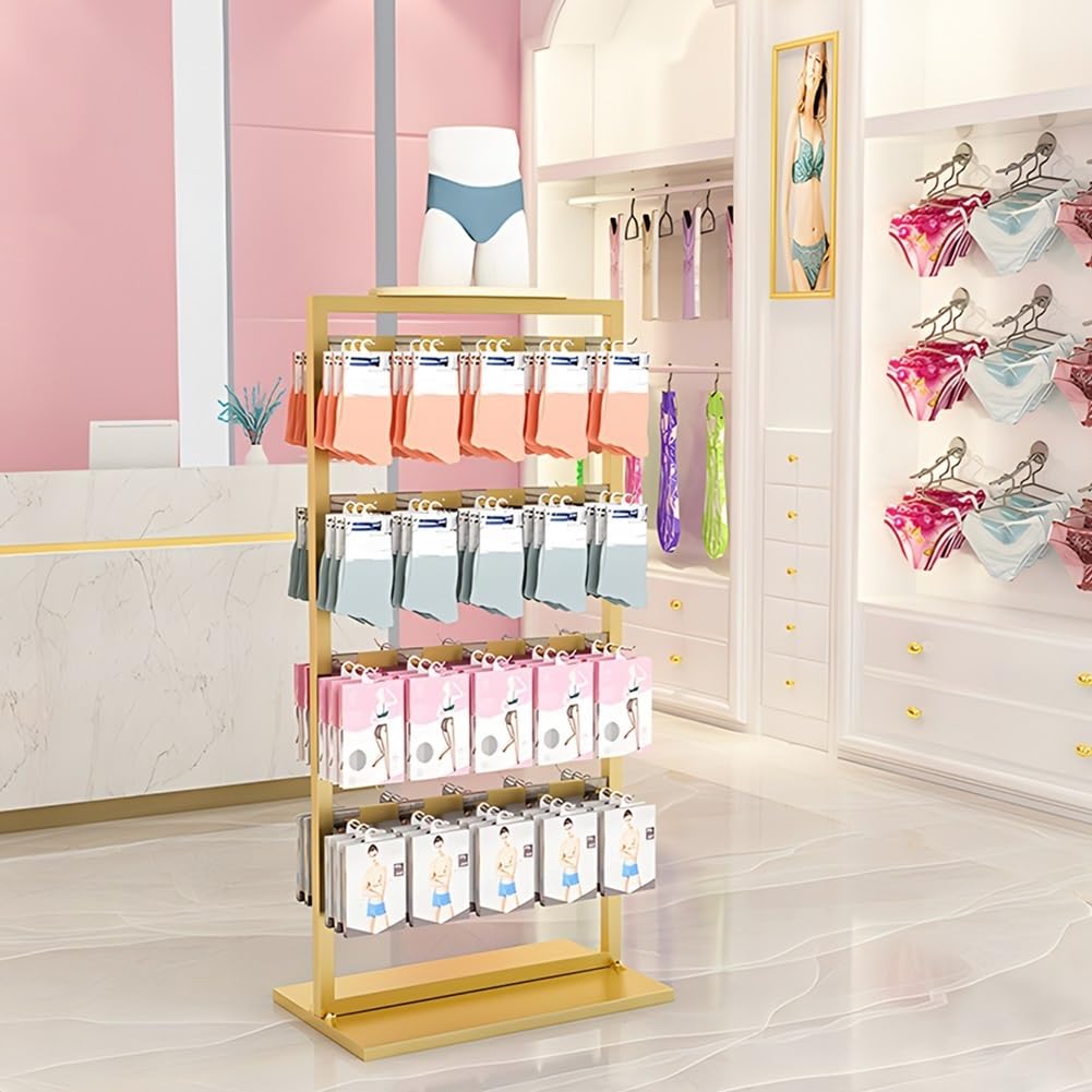 YNBSHGAA Sock Display Rack with 40 Hooks, Multi-Layer Freestanding Storage Rack for Retail Clothing Stores, Supermarkets,Gold-65x40x135cm