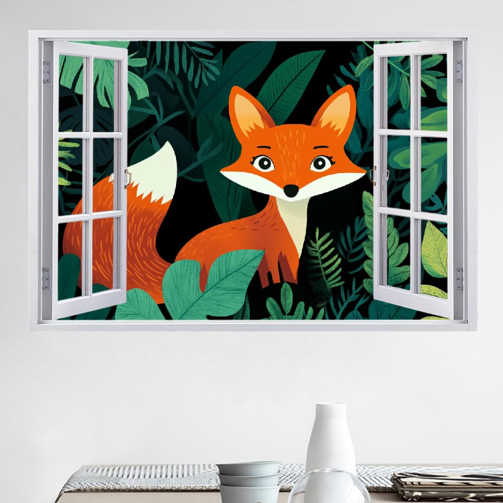 Decalcomanie da muro Art 3D Fracassato Cartone Animato Di Volpe Adesivi murali removibili Pianta Verde Carta da parati Camera da letto autoadesivo per ragazze Camera da letto Nursery Home Decor Gift