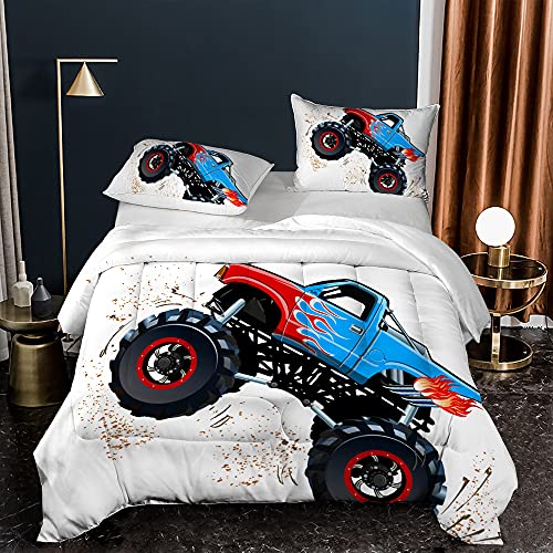 3D Cartoon Monster Trucks Queen Comforter Set, Blue Gallop Monster Trucks All Seasons Comforter Set For Kids Teens Men Bedroom Quilt Set(Queen) #TOP1