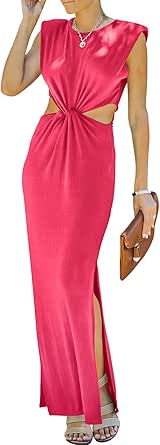 Prinbara Womens Side Cutout Padded Shoulder Summer Long Bodycon Dress Sleeveless Slit Club Party Maxi Dresses