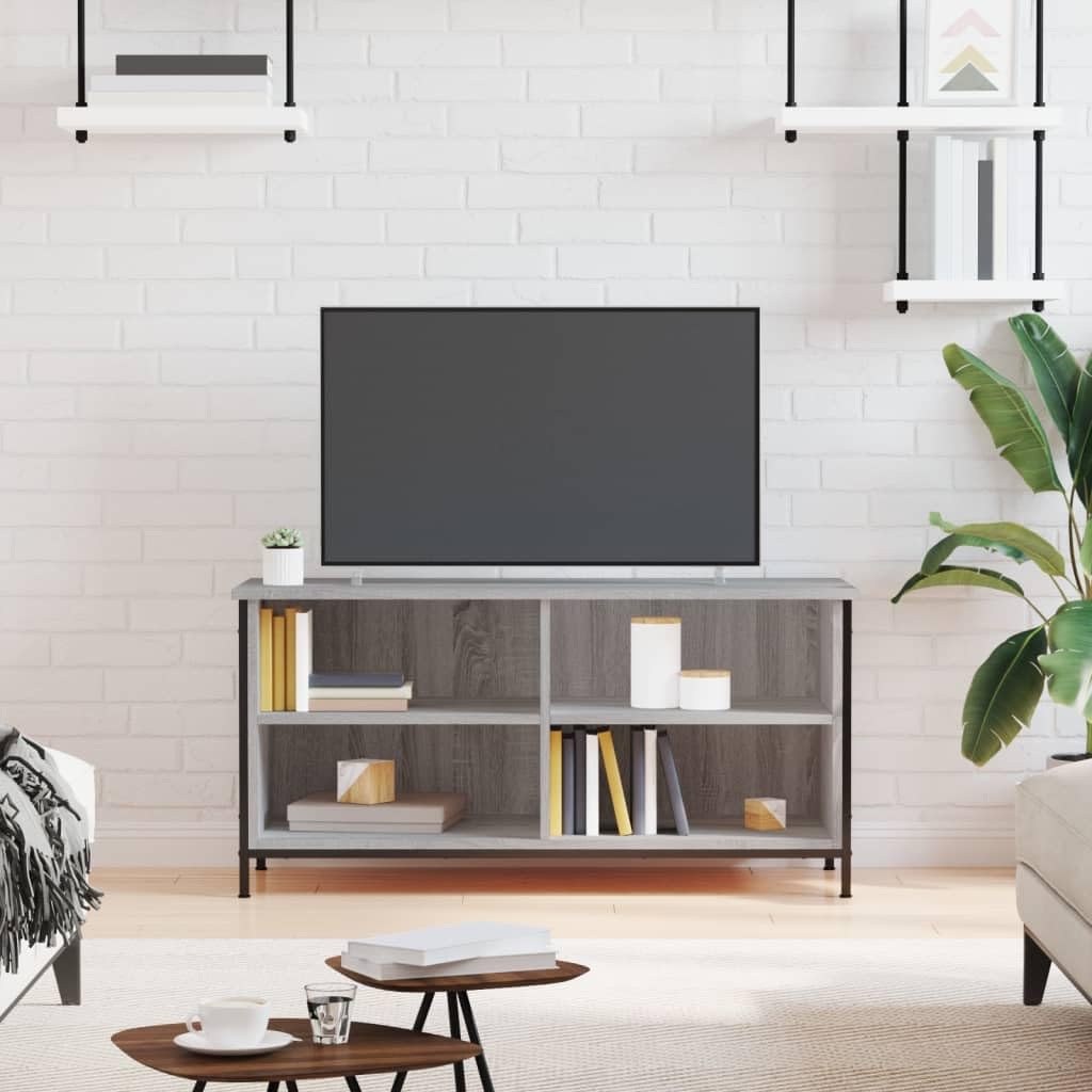 Mobile TV grigio rovere sonoma 100 x 40 x 50 cm, in plastica a base di legno, 4 ripiani aperti, piedini in ferro, stabile e resistente all'umidità, ideale per riporre DVD