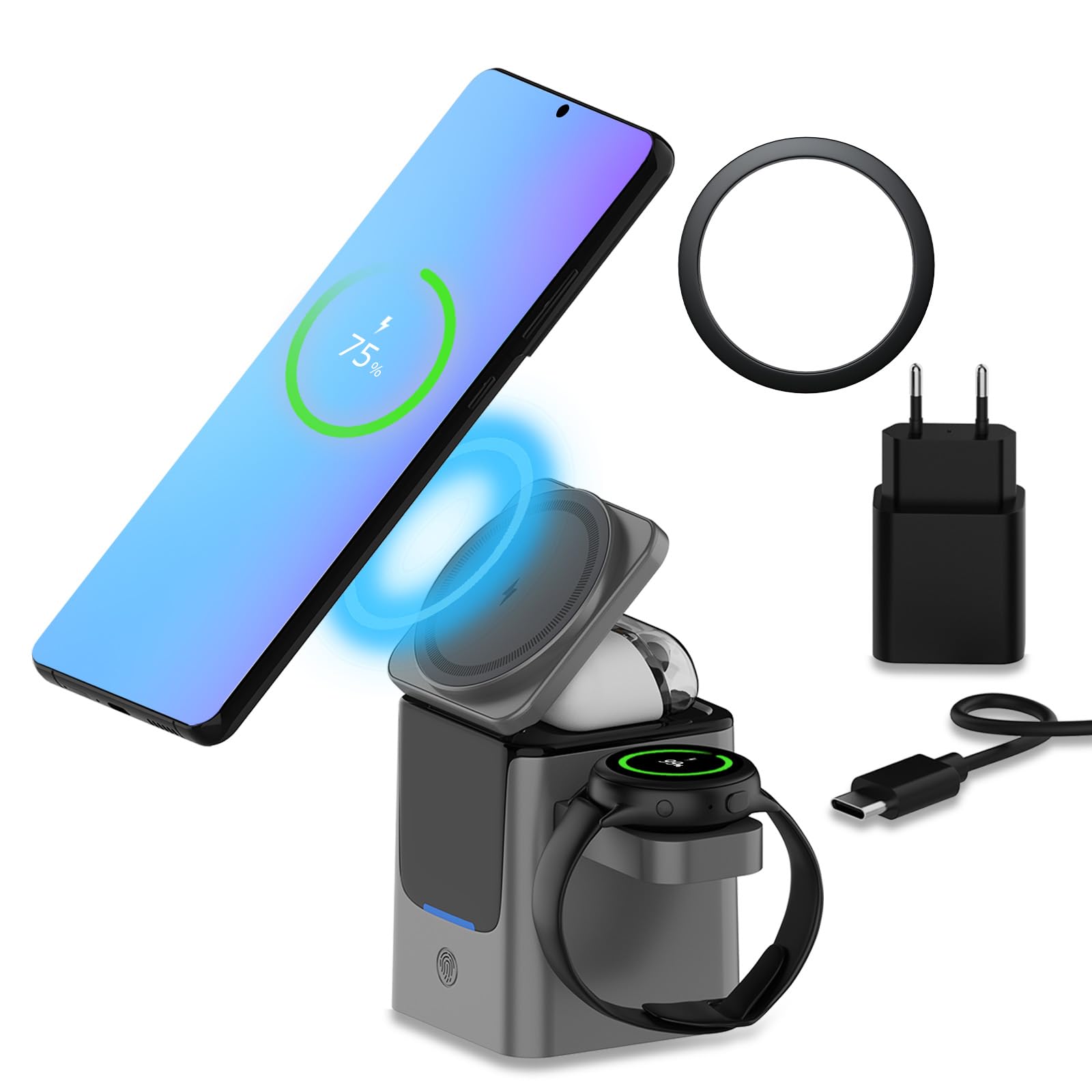 Caricatore Wireless per Samsung da MMOBIEL - 3 in 1 Stazione di Ricarcica 15W per MagSafe Samsung Galaxy S26/S25/S24/S23 Serie, Galaxy Watch 8/7/6, Galaxy Buds - Adattatore da 25W & Anello Magnetico