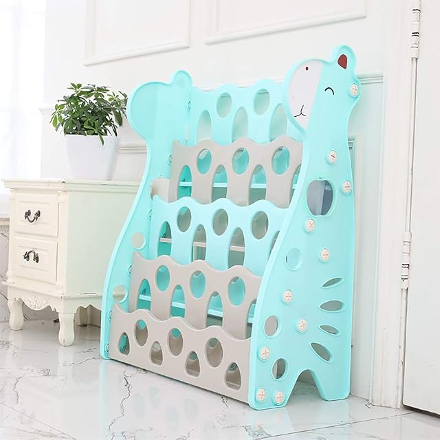 WDW Kids Bookshelf - Children's Plastic Bookcase Rack with Easy Access 4 Display Shelves for Nursery, Playroom, Kindergarten - 85 x 70 x 30 cm - Blue