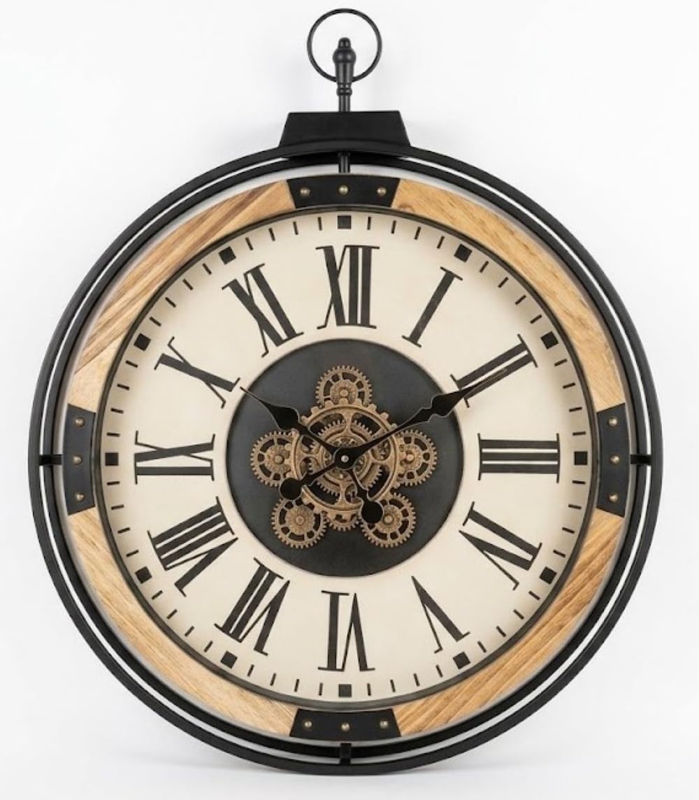 My Square Mile Industrial Steampunk Wall Clock with Real Moving Cogs, Metal, Wood and Glass, Roman Numerals, Large 60x74cm (Large H74cm x Dia 60cm)
