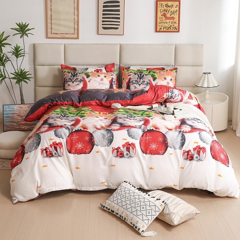 DreamNights X-Mas Duvet Quilt Cover & Pillowcase Bedding Set Multi-Colour Gift Presents for your Loved Ones Easy Care, Modern Duvet Cover Set Luxury Bedding Sets (Christmas Cats, Double)