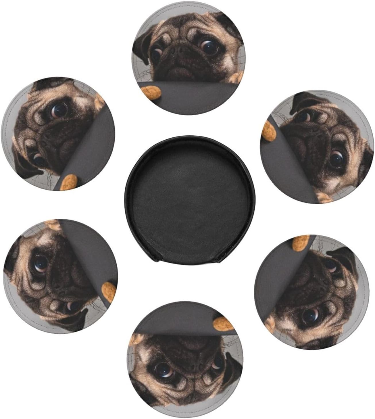Funny Pug Dog Cookie Coasters for Drinks Round Leather Coaster with Holder Set of 6 for Tabletop Protection Desk Accessories Office Home Room Decor image 3