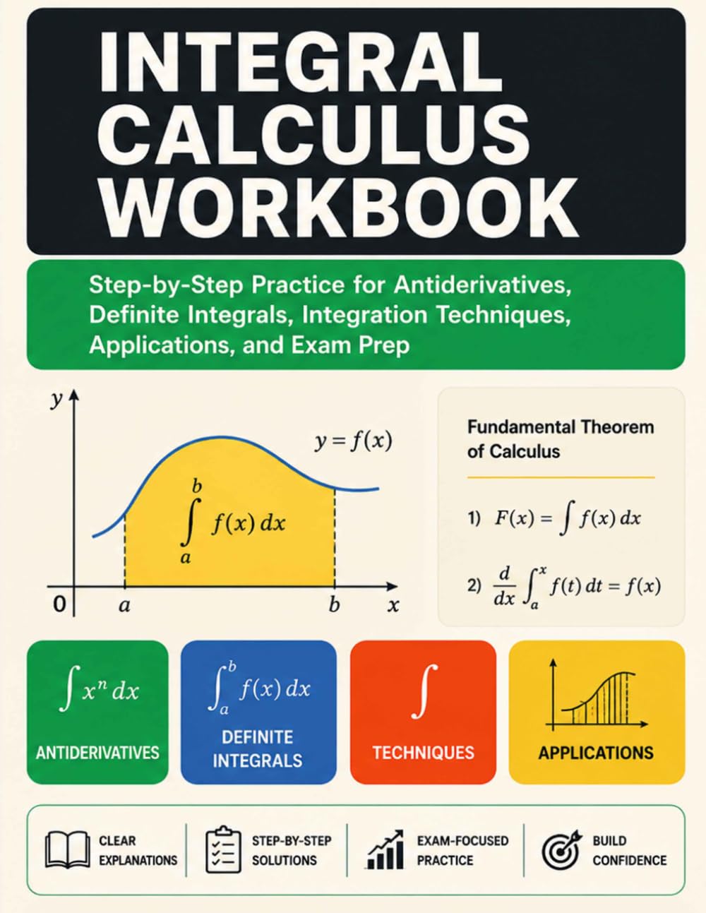 Integral Calculus Workbook: Step-by-Step Practice for Antiderivatives, Definite Integrals, Integration Techniques, Applications, and Exam Prep.