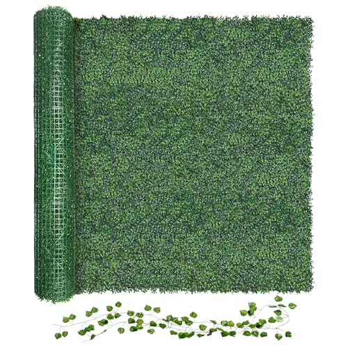 Artificial Boxwood Roll Grass Wall Panels, Greenery Outdoor 48"x120" (40 Sqft) UV-Anti Fake Ivy Privacy Fence Screen for Patio, Balcony, Garden, Backyard, and Fence Decor-Includes 5 PCS 79" Vines