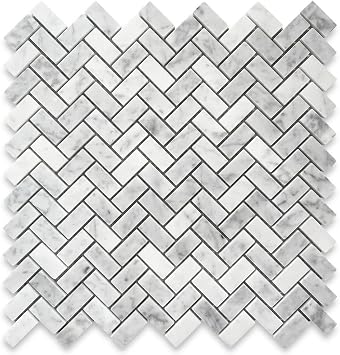 Stone Center Online Carrara White Marble 5/8x1-1/4 Herringbone Mosaic Tile Polished Kitchen Bath Wall Floor Backsplash Shower 1 Sheet