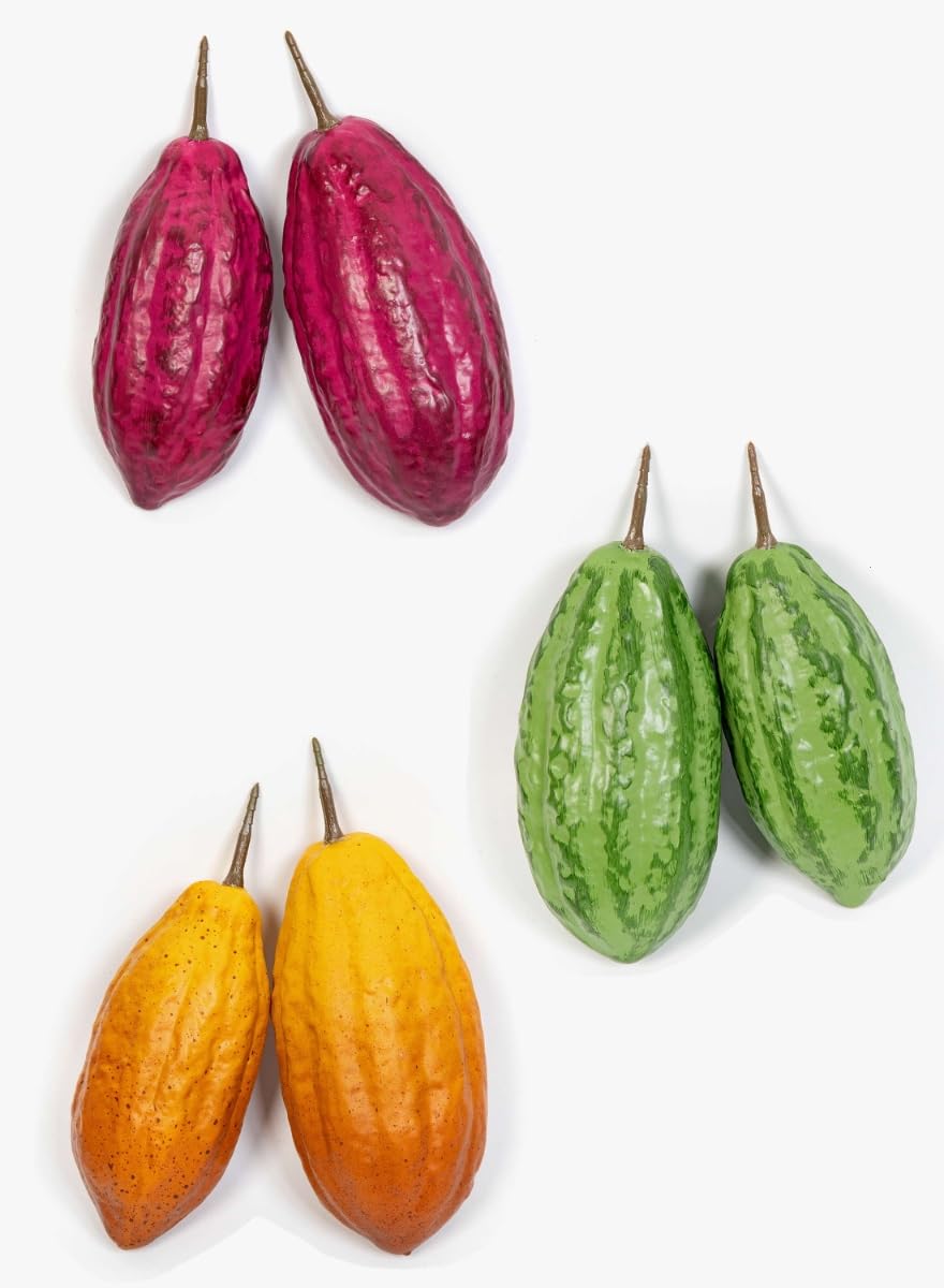 artplants.de Fruto de Cacao Artificial AGAPITO, 12 Piezas, Verde-Amarillo-Morado, 18-20cm - Grano de Cacao Decorativo