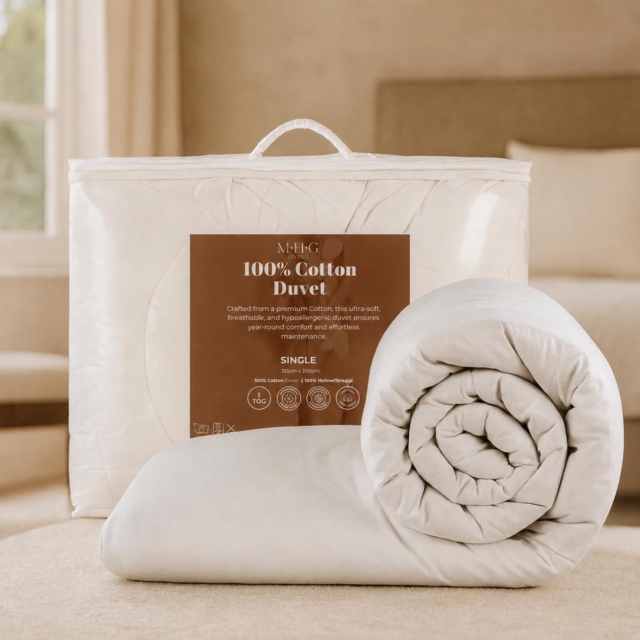 MHG Living 1 Tog Summer Duvet Single 135 x 200 cm - Ultra Lightweight 100% Cotton Cover, Hypoallergenic Hollowfibre Filling, Breathable, Machine Washable, Made in UK — image 1
