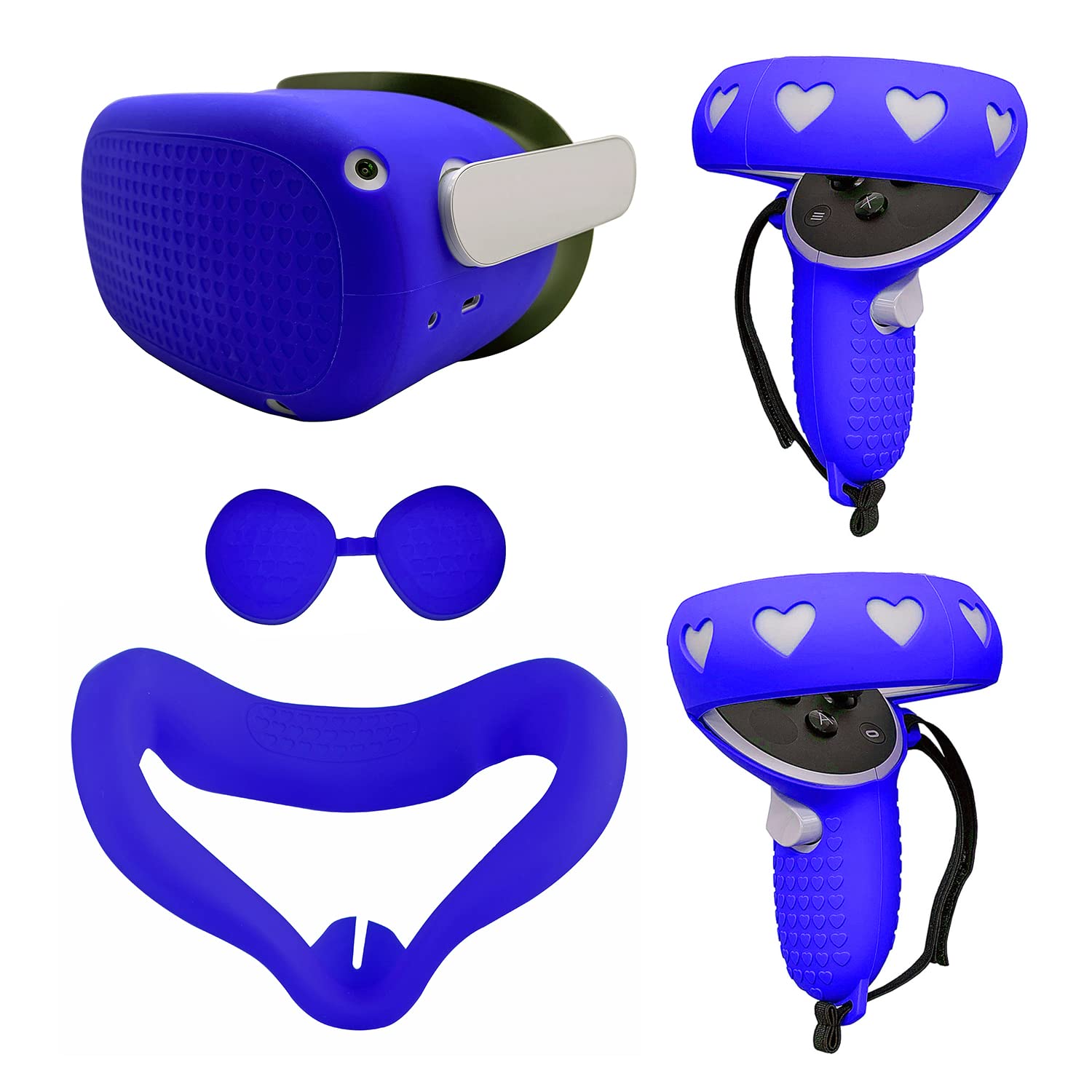 AreMe Silikonowy pokrowiec ochronny ze skóry zestaw akcesoriów do Meta/Oculus Quest 2, z przednią osłoną VR, osłona twarzy, osłona obiektywu ochronnego, pokrowiec na kontroler dotykowy (niebieski)