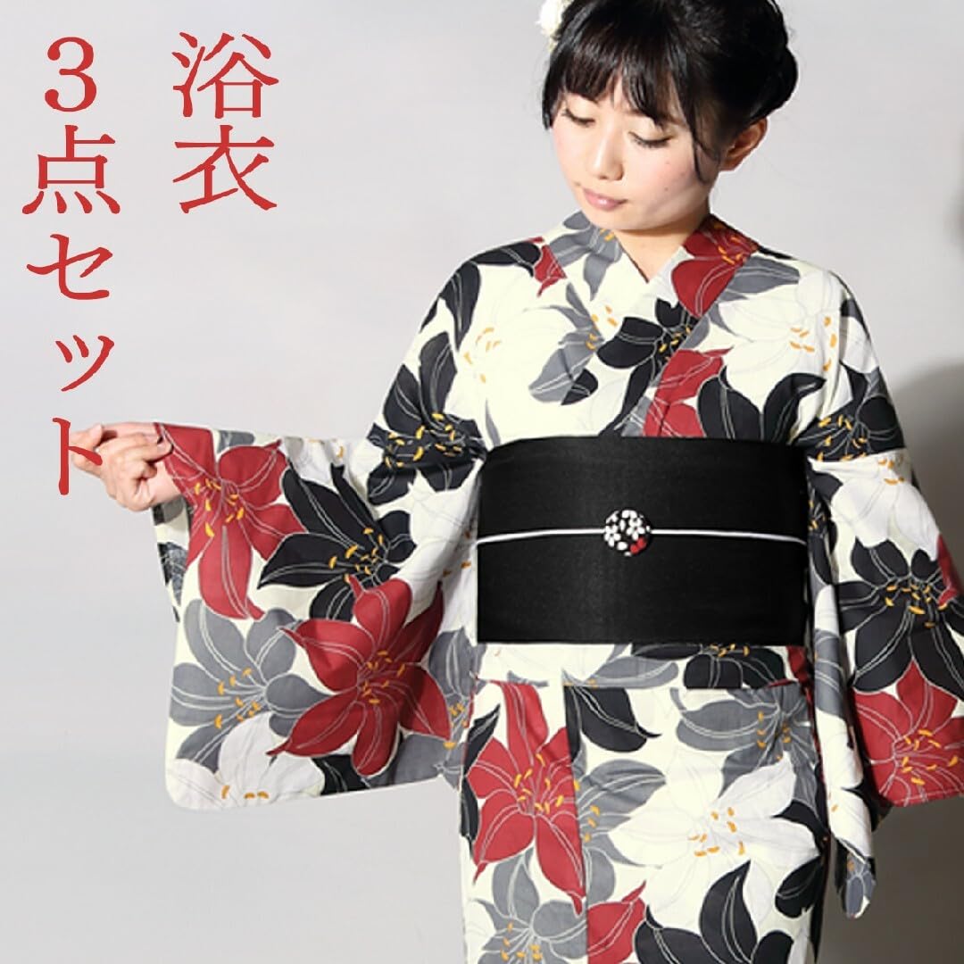 【浴衣3点セット】百合柄 美品 フリーサイズ 新品未使用品 浴衣3点セット】黒縞に百合 美品 フリーサイズ 新品未使用品