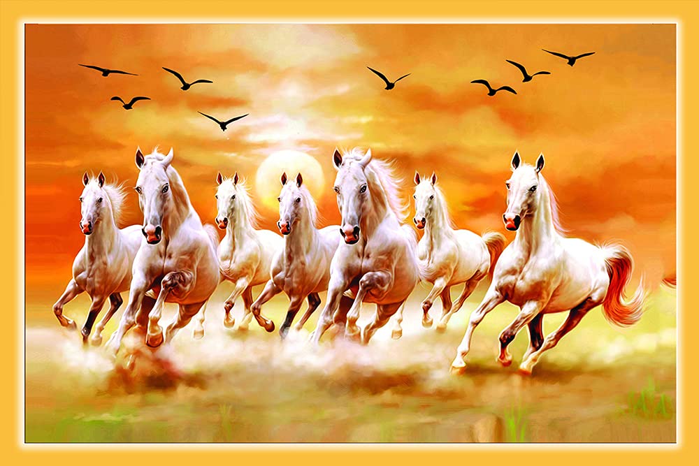British Terminal® Seven Lucky Running Horses Vastu Vinyl Sticker Painting Printed Poster Waterproof for Living Room,Bedroom,Office,Kids Room,Hall (24X36 inches) bt5004-3