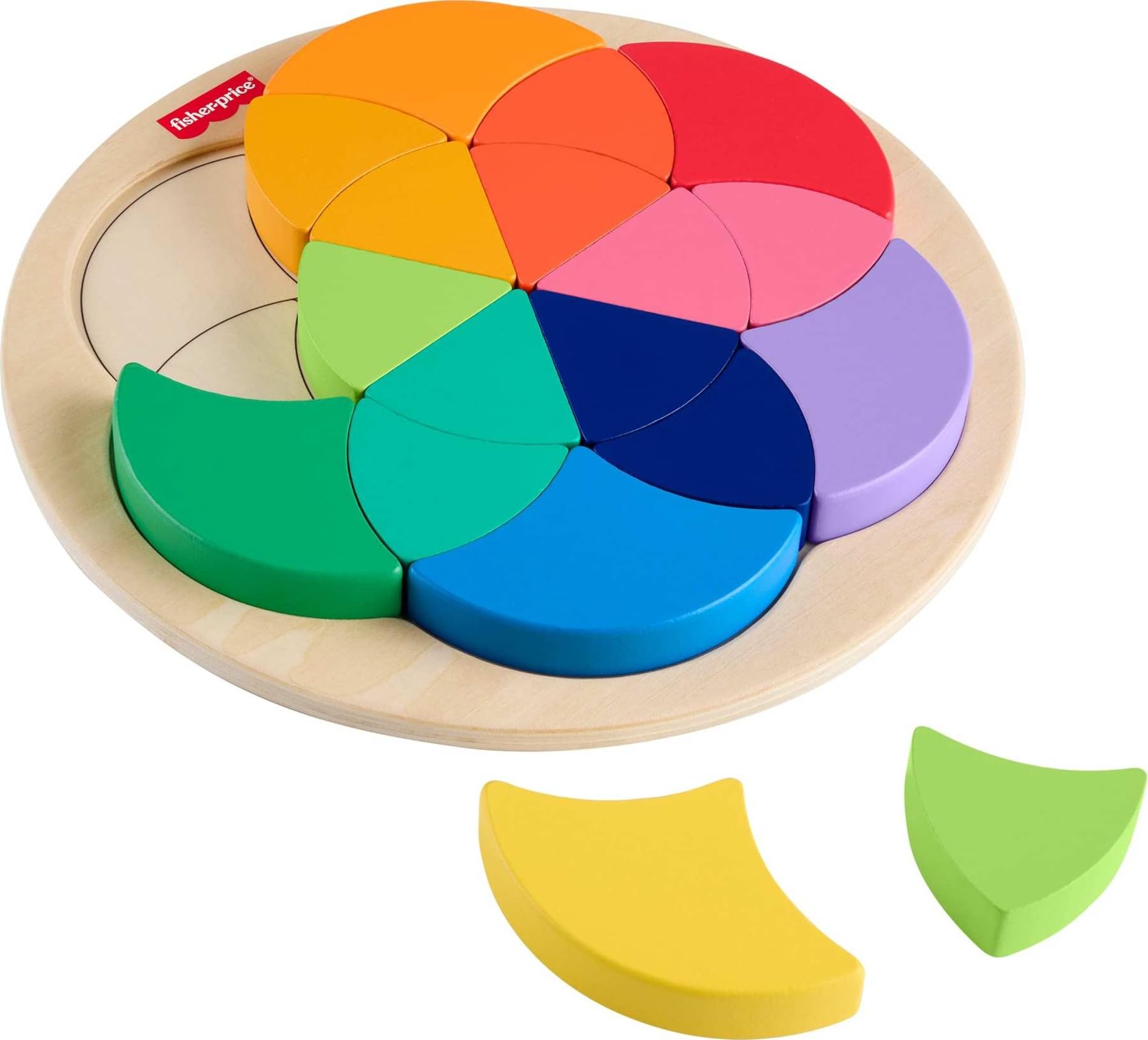 Fisher-Price Drewniane puzzle z kolorowymi kołami do przedszkola, 19 drewnianych elementów do sortowania kształtów, dzieci w wieku przedszkolnym od 3 lat