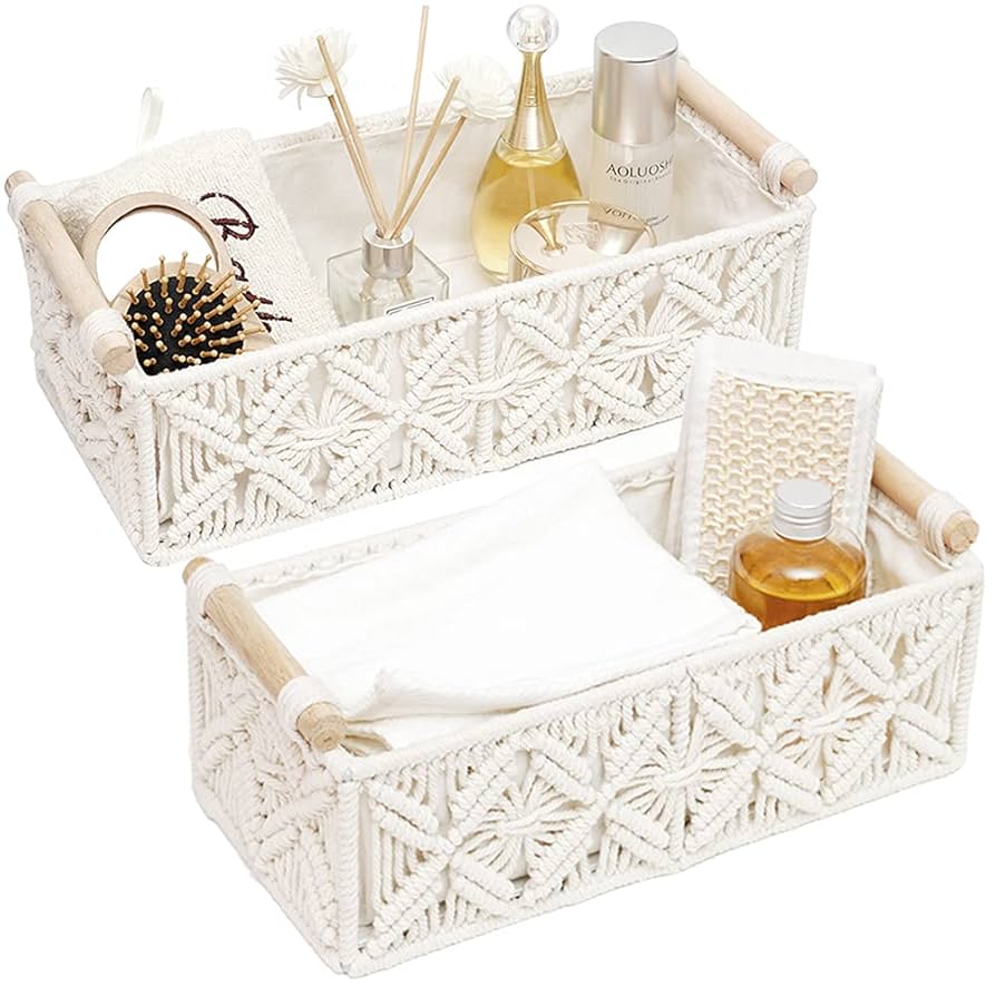 HOSROOME Macrame Storage Basket Boho Decor Baskets for Organizing Woven Decorative for Countertop Toilet Paper Basket for Tank Top for Home Decor Bedroom Nursery Livingroom Entryway (Set of 2)