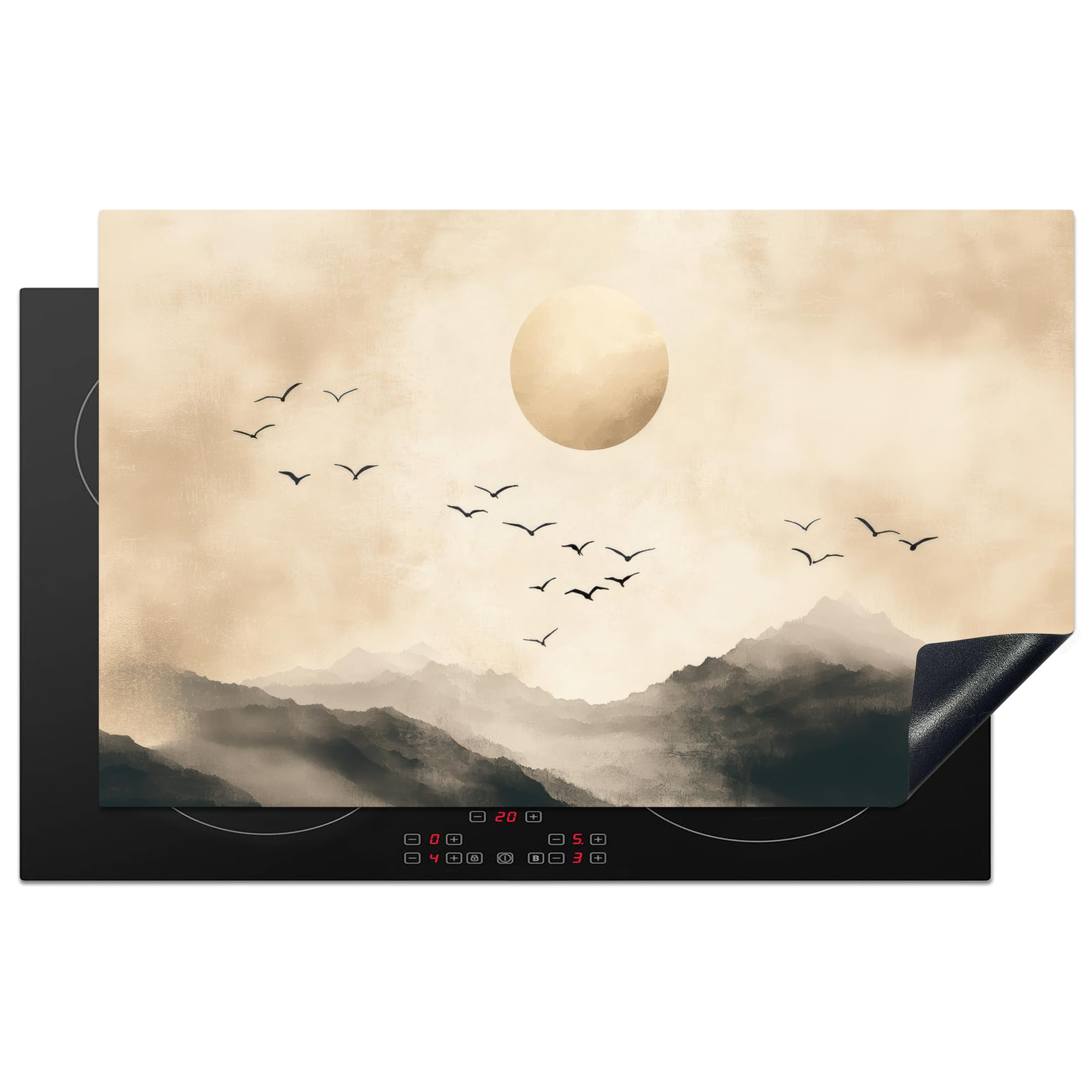 KitchenYeah© Induction Hob Protector Mat 20.3"x32.7" / 83x51.5 cm Stove Cap Top Cover Kitchen Cooker Covers for Electric Hobs Vinyl Landscape - Japandi - Bird — image 1