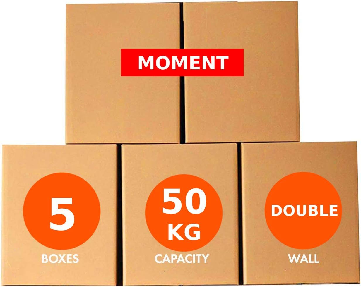 MOMENT [5 Pack] XL-Large Double Wall 100% Recyclable Corrugated Cardboard Moving Boxes with 50 KG Capacity, [55 x 55 x 70 cm] Brown Carton for Packaging, Shipping and Storage, 5 ply [Color : Brown]