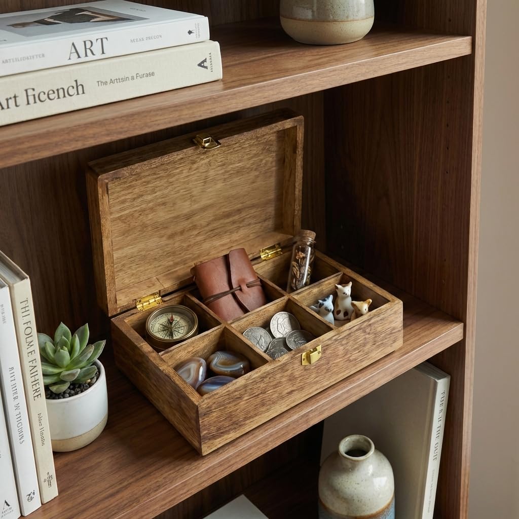 Mela Artisans Caja de recuerdos de madera con tapa con bisagras y pestillo, caja de almacenamiento decorativa grande con 6 particiones para fotos, joyas, manualidades, regalos hechos a mano, caja