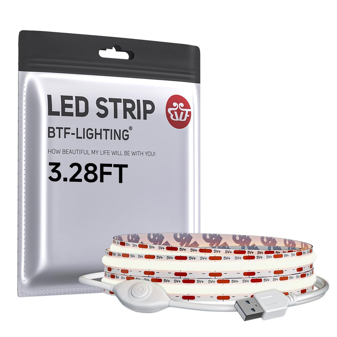 BTF-LIGHTING FCOB COB LED Strip Lights 5V USB Powered Natural White 4000K
