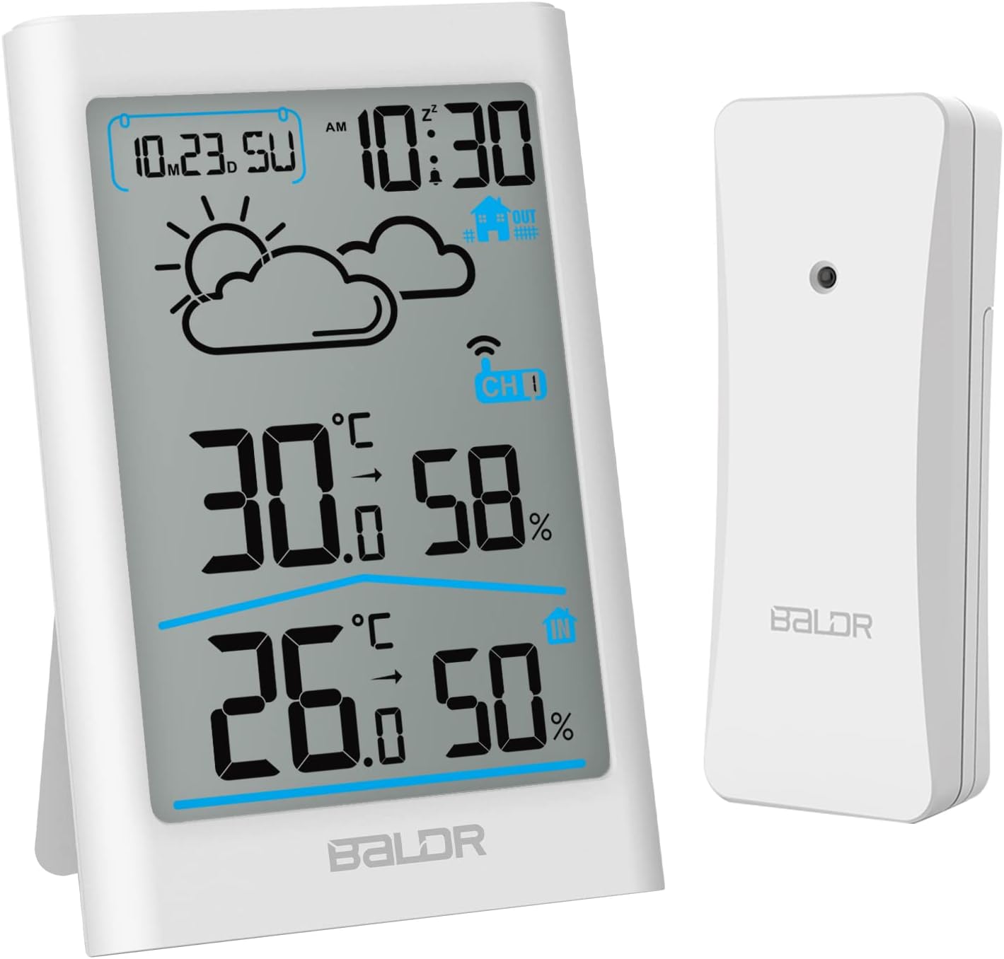 BALDR Wireless Indoor Outdoor Thermometer Digital Hygrometer with Weather Forecast and Large LCD (White)