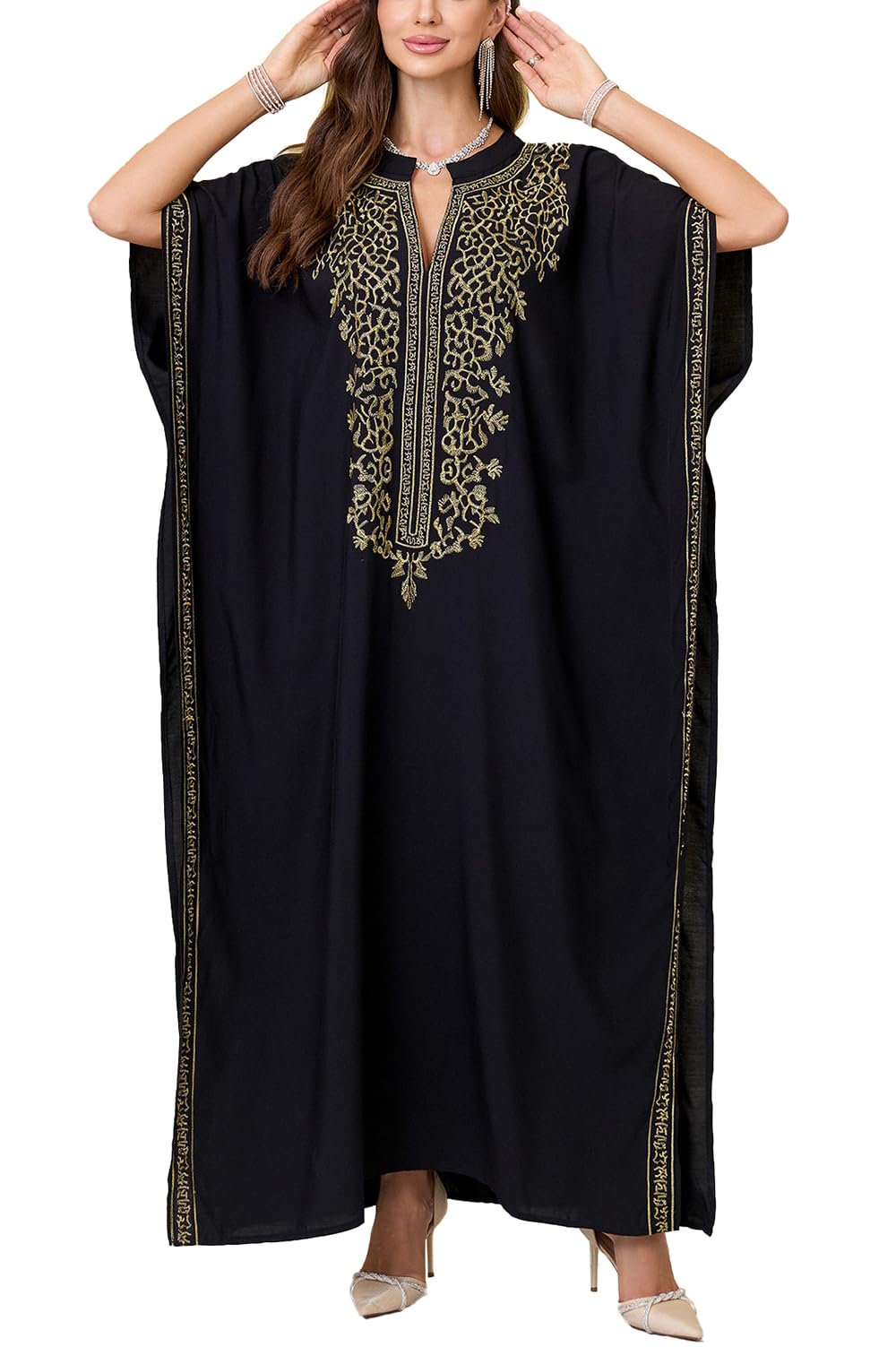 L-Peach Women's Floral Embroidery Kimono Long Dress Maxi Kaftan Summer Beach Boho Cover up Tops