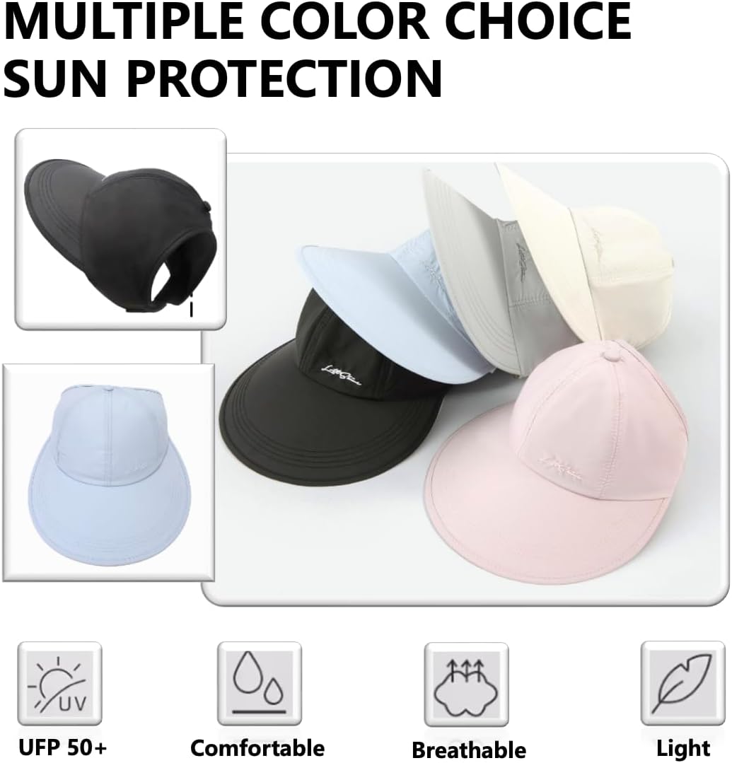 Sun Hats for Women Outdoor Wide Brim UV Protection Hollow Top Summer Beach Packable Visor with Ponytail-Hole - Image 5