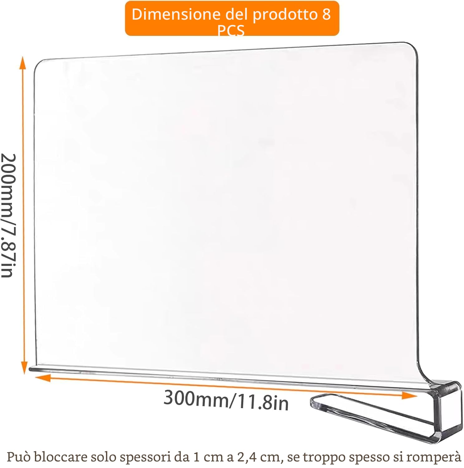 8 separatori per scaffali in acrilico trasparente, divisori multifunzionali, 30 x 20 cm, divisori per armadio per camera da letto, cucina, armadi e organizzazione, URH006-CLOTHE