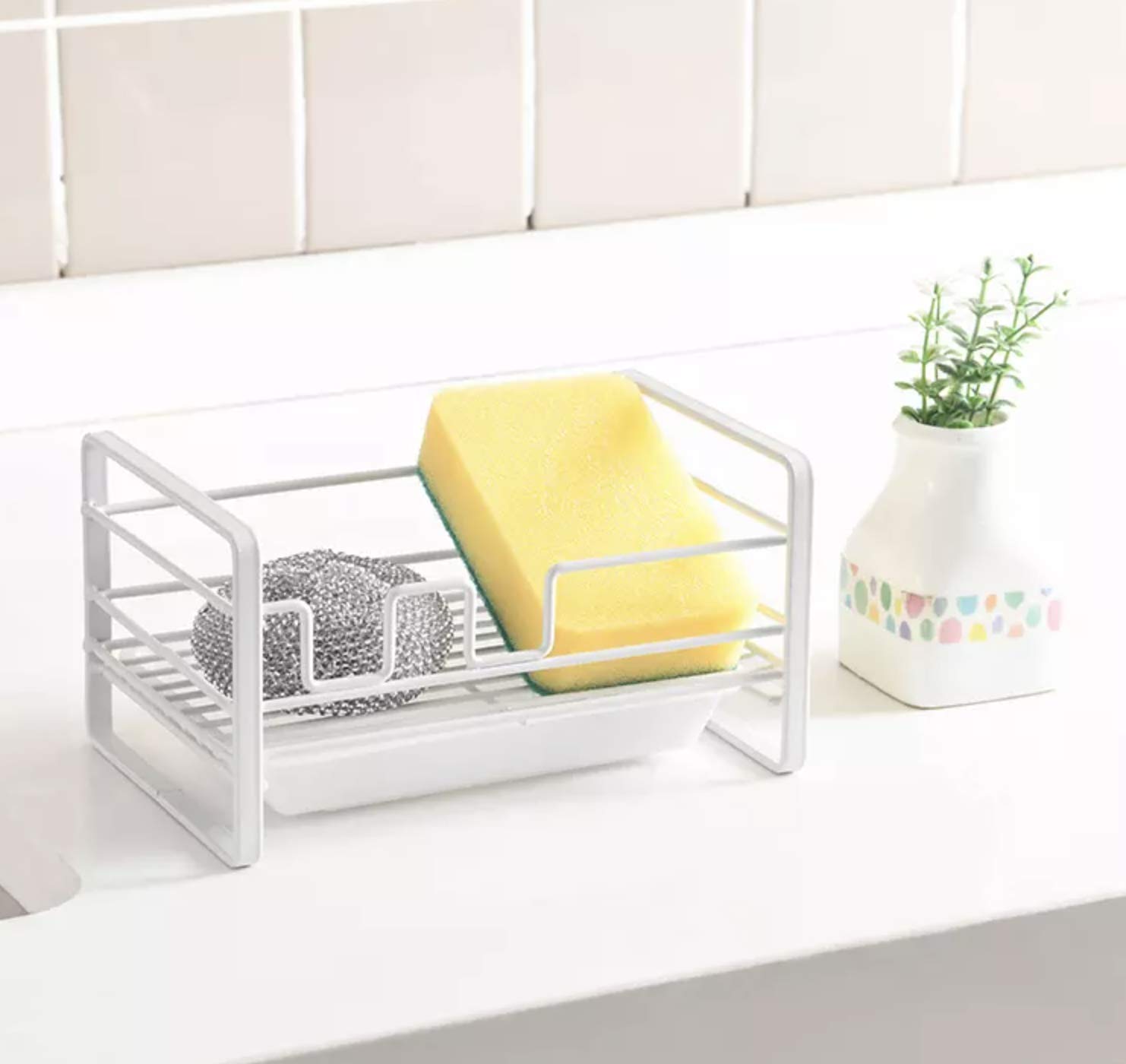 Sponge Holder For Kitchen Sink - With Drain Pan - White Iron Metal - Sink Caddy - Kitchen