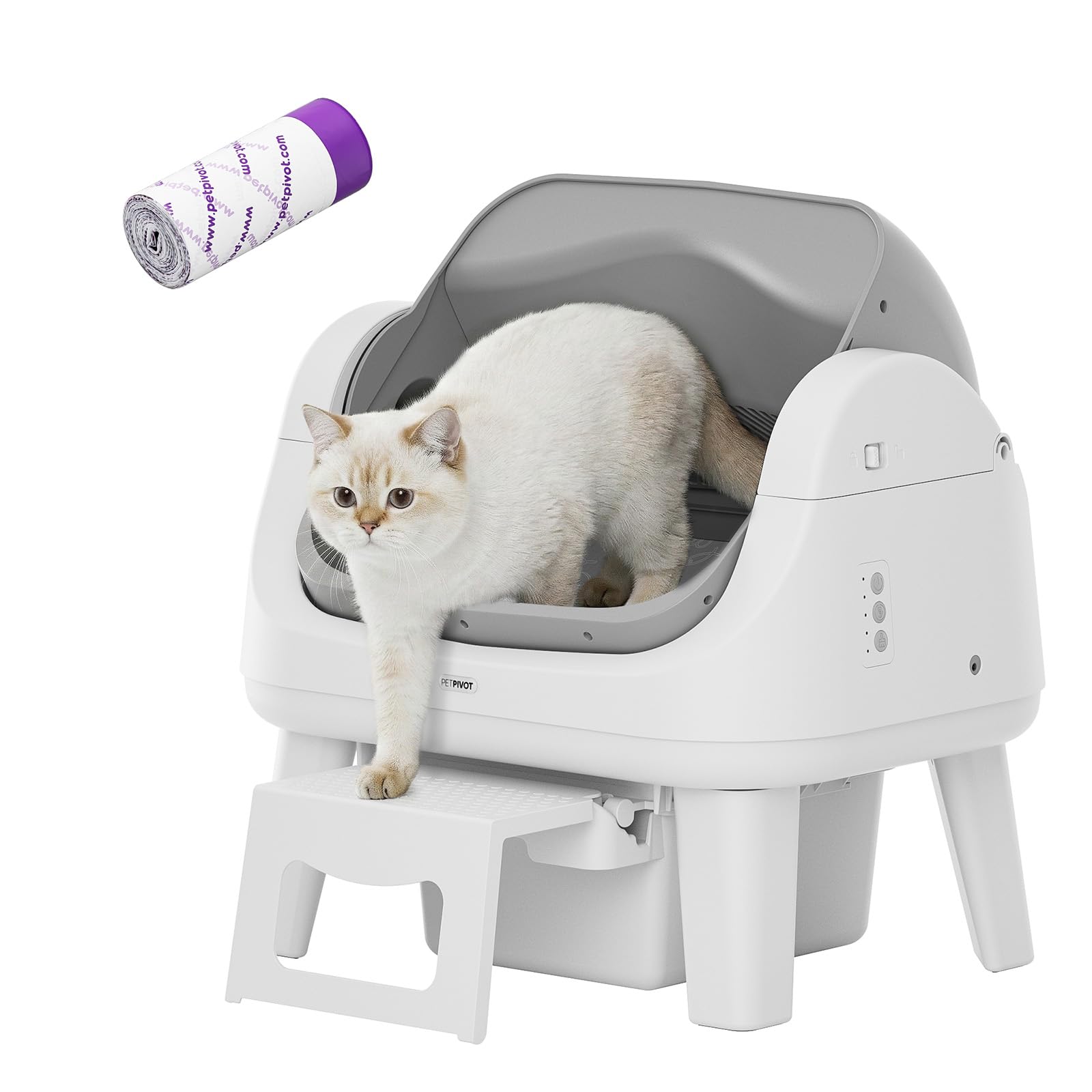 PetPivot Open Top Self Cleaning Cat Litter Box, Automatic Litter Box with 7 Pairs of Safety Sensors, Anti-Pinch Protection and Easy Access Step for Senior Cats, White Grey
