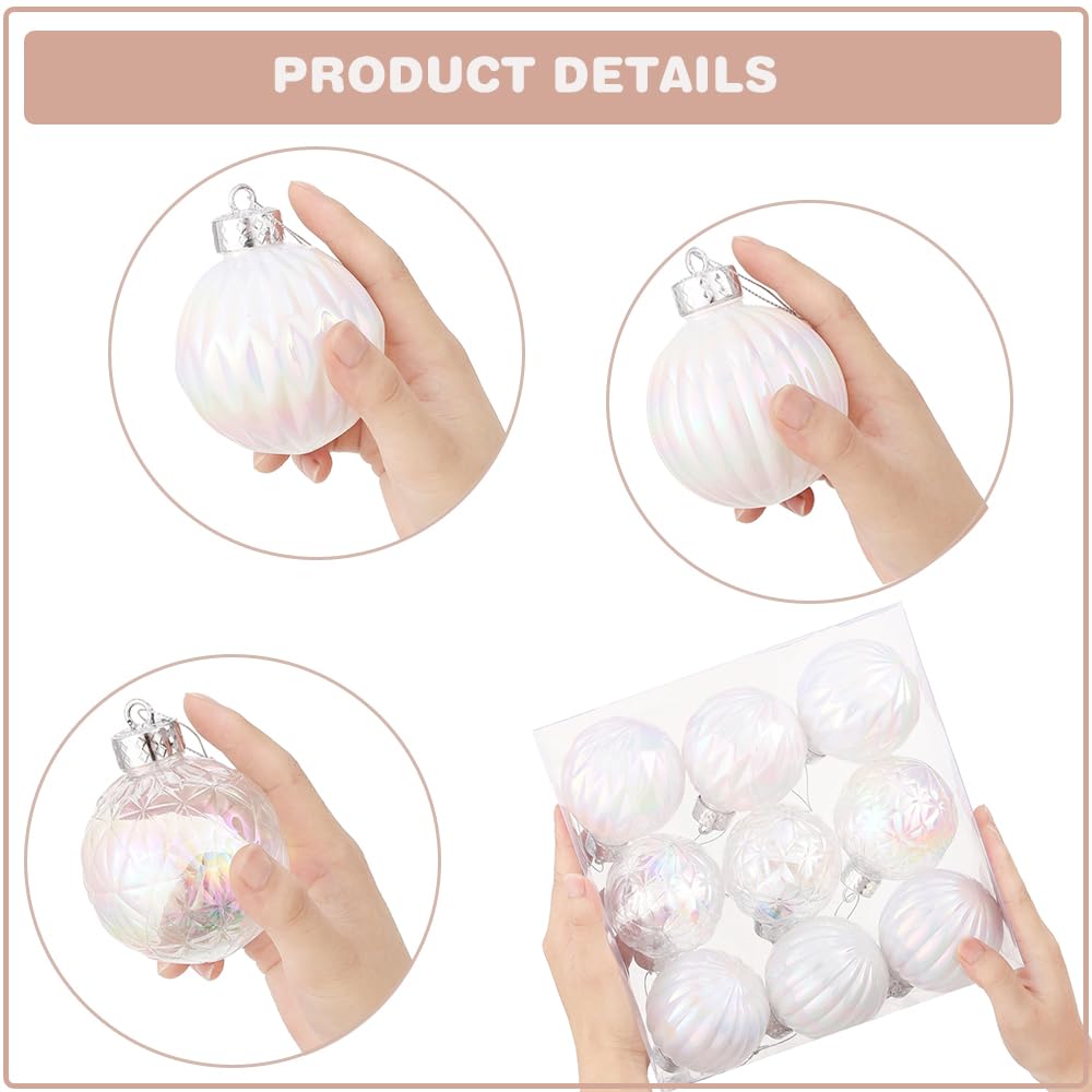 Juego de 9 bolas decorativas blancas iridiscentes de Navidad de 3.15 pulgadas, plástico transparente inastillable, adornos colgantes para decoración de árbol de Navidad, interiores, hogar, Acción de