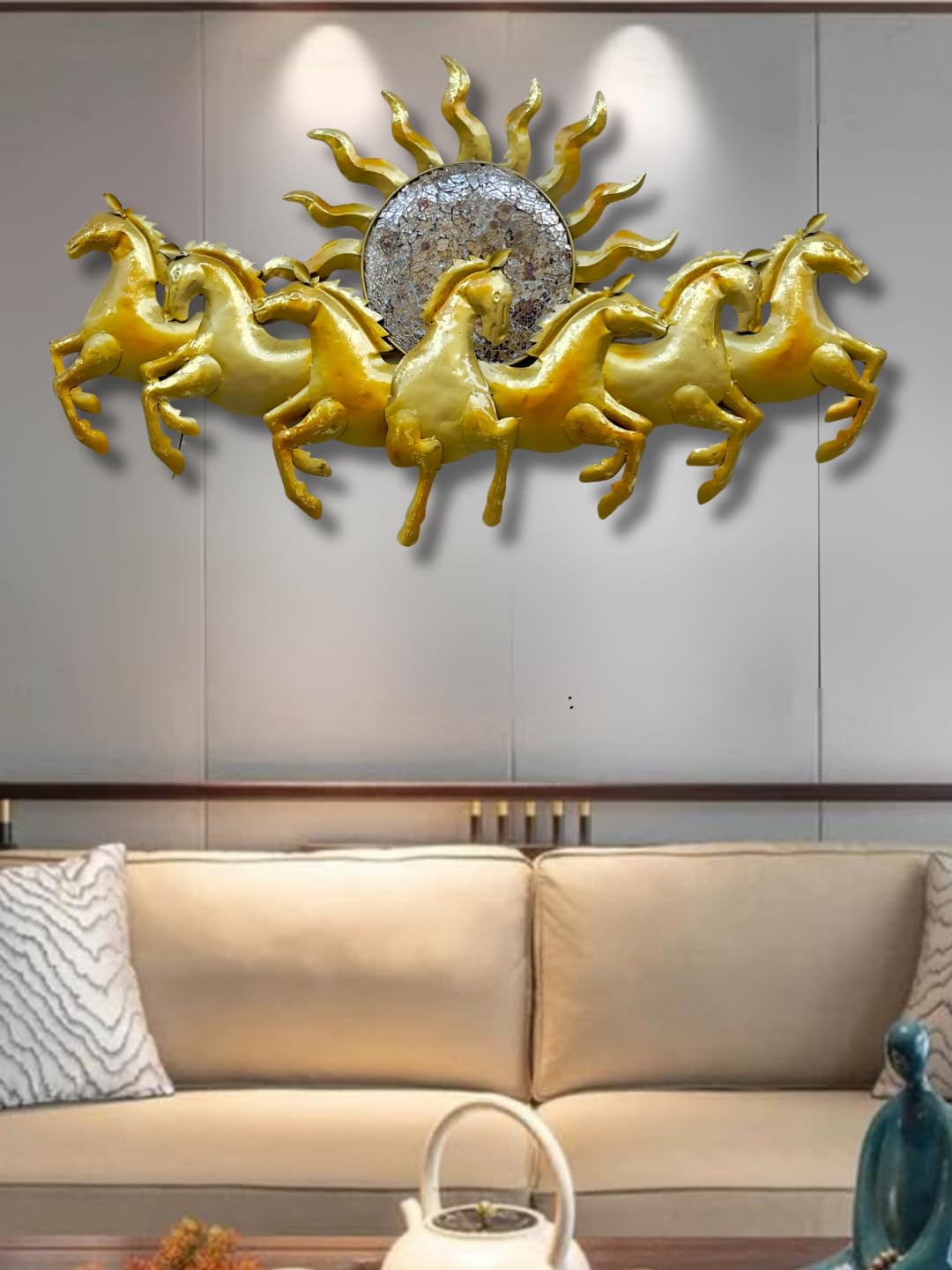 ZXC Metal Iron Golden Running 7 Horses With LED Light 3D Wall