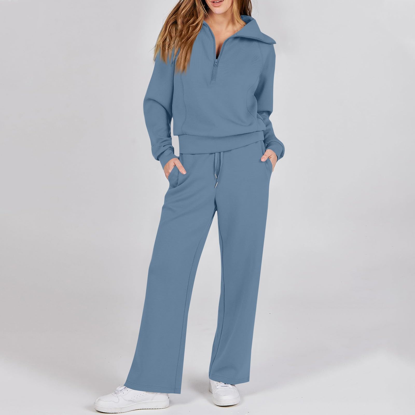 Generisch Damski zestaw dresów, sweter z zamkiem do połowy, szerokie spodnie, wygodny strój wypoczynkowy w stylu Athleisure, zestaw do noszenia w czasie wolnym i do relaksu