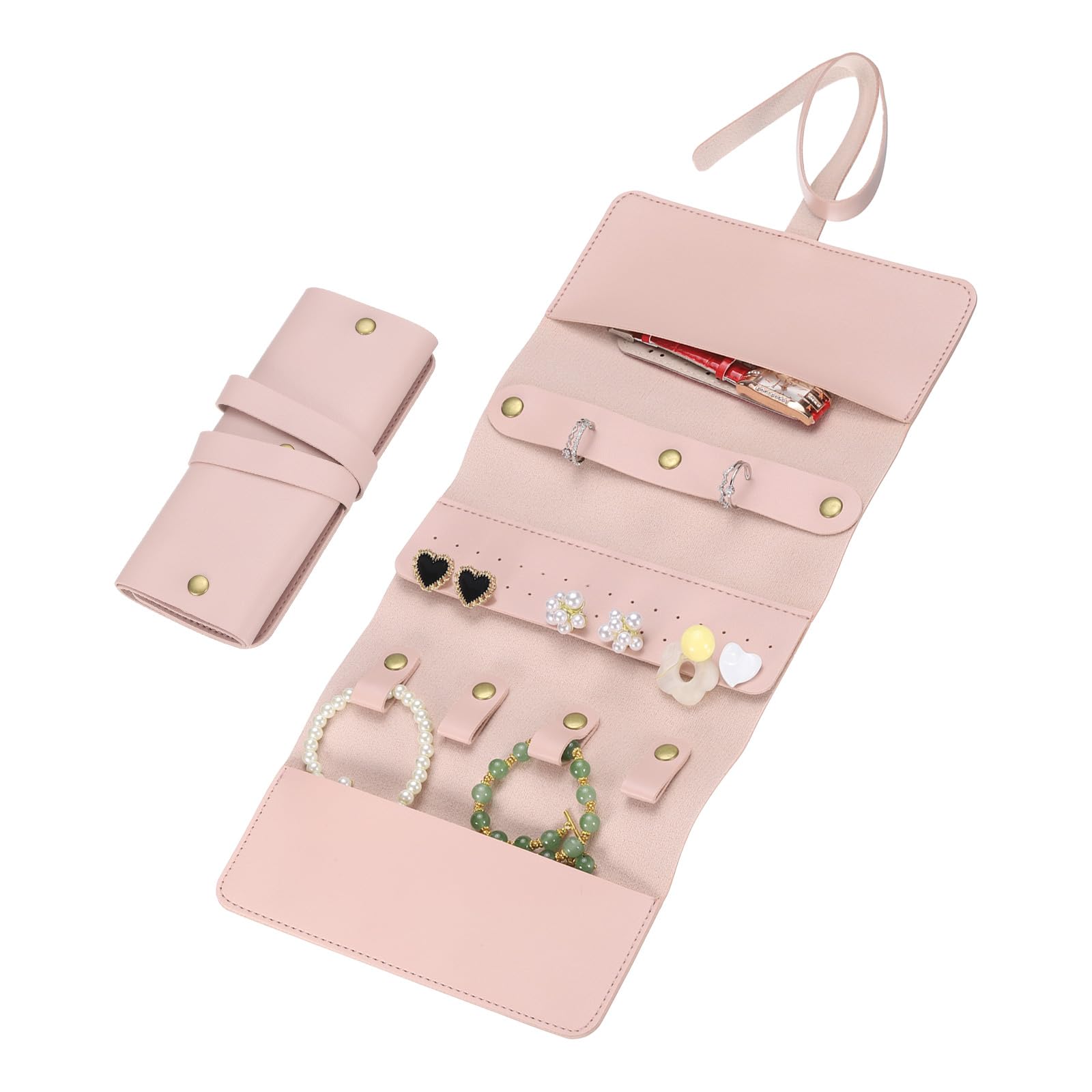 Muiltvoe Travel Jewelry Roll Bag, Foldable Travel Jewelry Organizer Case, Portable Jewelry Pouch for Traveling Rings Necklaces Earrings Bracelets Jewelry Storage, Light Grey