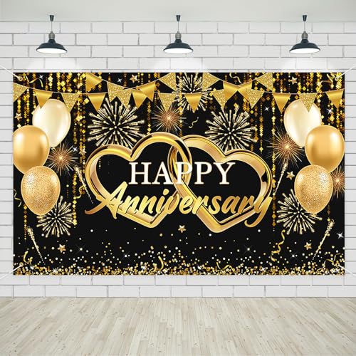 Avezano Happy Anniversary Banner Black and Gold Happy Anniversary Decorations for Valentine's Day Wedding Anniversary Party Anniversary Photo Booth Backdrop Supplies 70.8x43.3inch